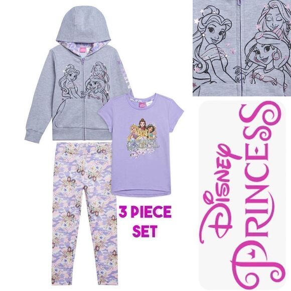 NEW! Disney Princesses Kids 3 piece Set zip Hoodie, Tee and leggings sizes 5 & 6 - Picture 1 of 15